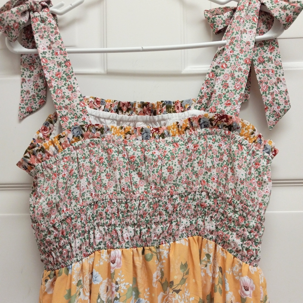 ​Adelyn Rae Patchwork Midi Dress Tiered Cottagecore Floral Smocked Boho Small - Picture 8 of 15